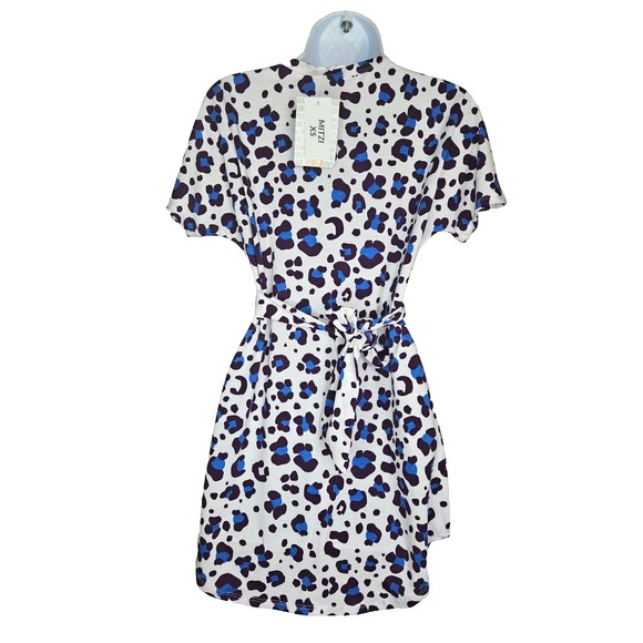 LuLaRoe Mitzi XS Leopard Print Dress Belted Short Sleeve NWT White Blue - Picture 2 of 7